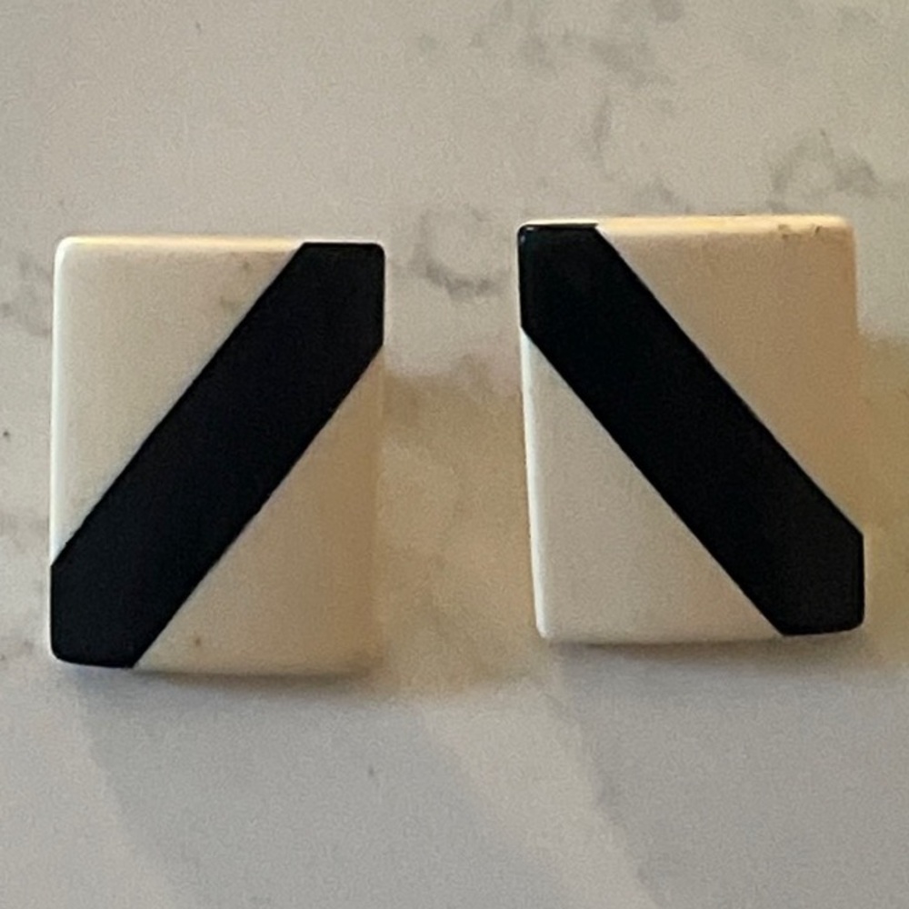 Vintage mid century Modern Black Stripe and White  Pierced Earrings